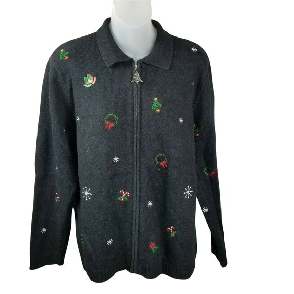 Studio Works Sweaters - STUDIO WORKS Womens Small Christmas Cardigan Sweater Jacket Black Zip w Collar